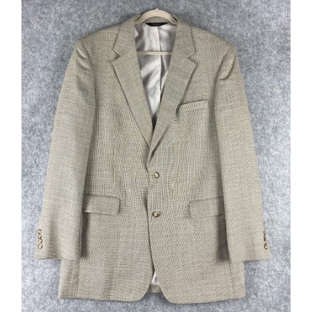 Jos A Bank Linen Wool Blazer Sport Coat Men 44XL Beige Houndstooth 2 Button